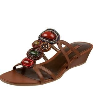Bandolino Women's 10.5 Fanola Brown Leather Beaded Kitten Wedge Sandal Boho